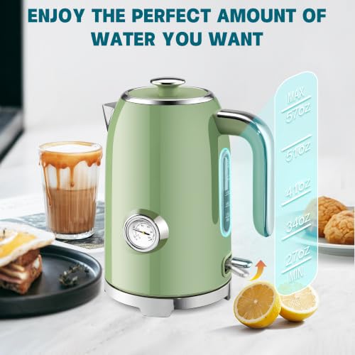 1.7L Retro Electric Kettle with Thermometer - Stainless Steel Water Boiler