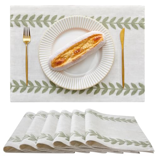 Wracra Embroidered Place Mats Set of 6 - Light Sage Green & Cream, 13x18 Inch