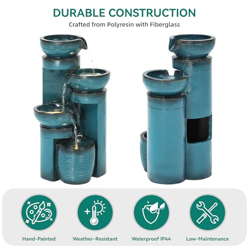 4-Tier Outdoor Water Fountain with LED Lights, 19.3-Inch Faux Ceramic Finish