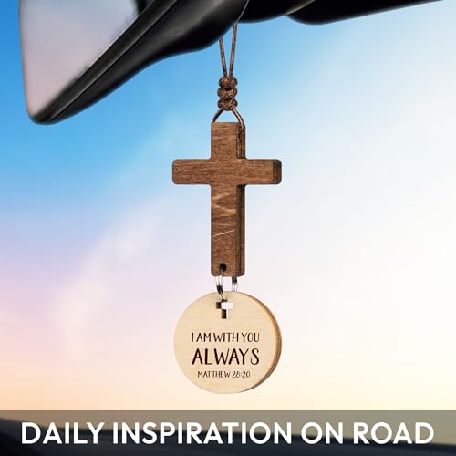 Wooden Car Rearview Mirror Cross Ornament with Daily Scripture Scan