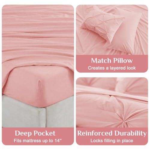 Queen Pintuck Comforter Set - 7-Piece All-Season Bed in a Bag, Pink