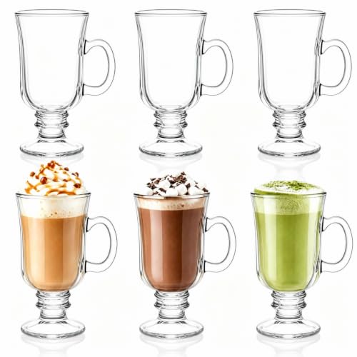 Dicunoy 6-Pack 8oz Clear Glass Irish Coffee Mugs with Handles - Stemmed Pedestal Cups for Cappuccino, Latte, Smoothies, Gift