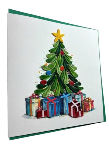 Handcraft 3D Quilling Christmas Card with Envelope - Holiday Holiday Greeting Card, Xmas Tree Design, Blank Inside, Ready to Gift