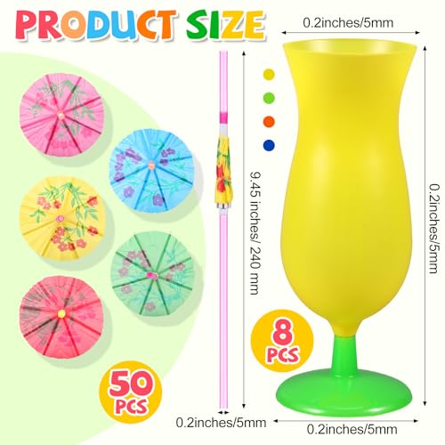 Neon Colored Plastic Hurricane Cups with Umbrella Straws - Tropical Party Supplies