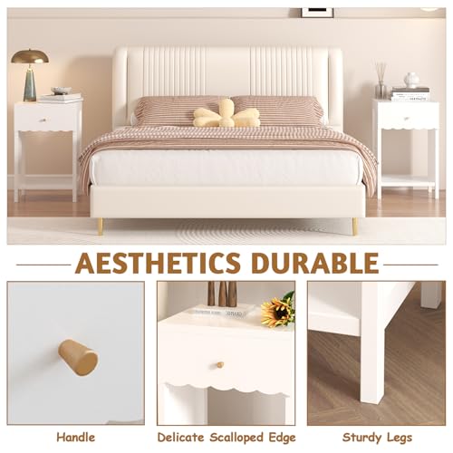 Scalloped White Nightstand with Drawer and Open Storage Shelf
