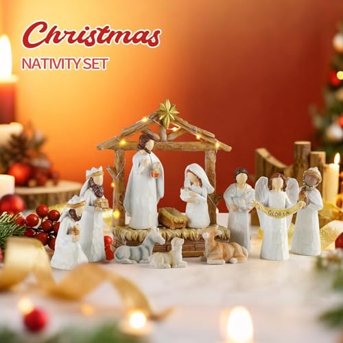 12-Piece Lighted Nativity Scene Set, Hand-Painted Resin Christmas Table Decor