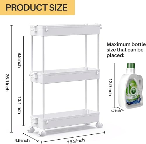 Slim 3-Tier Rolling Storage Cart, Narrow Mobile Utility Cart with Wheels