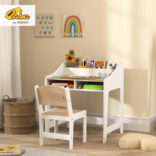 Kids Desk and Chair Set with Storage - Natural Wood Study Table for Children