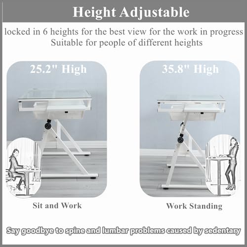 Height Adjustable Drafting Table with Stool, Tilting Glass Art Desk