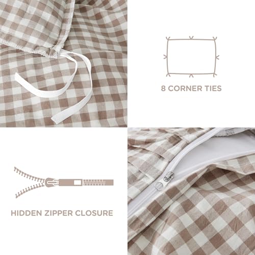 Tan Gingham Ruffle Duvet Cover Set - Queen 100% Washed Cotton Bedding