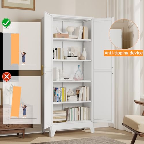 71" Tall White Metal Pantry Cabinet with Doors & 4 Adjustable Shelves