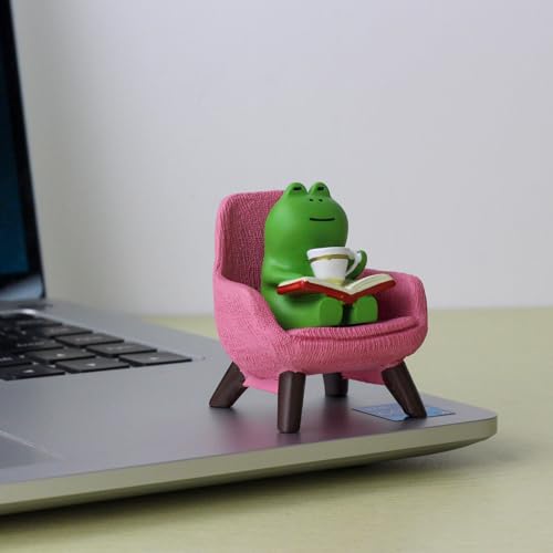 Miniature Frog Reading on Pink Sofa Resin Figurine Desk Decor