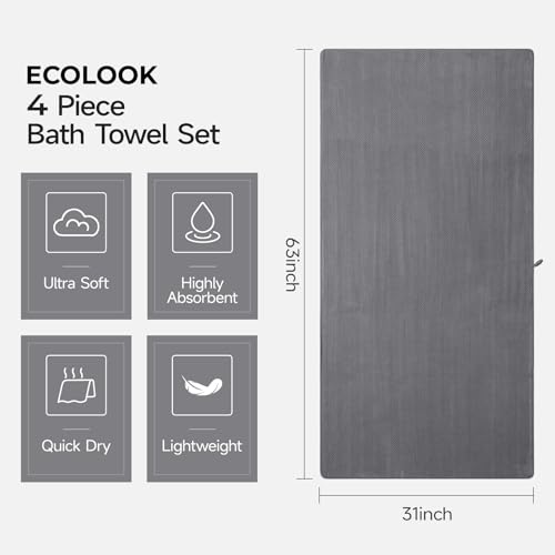ecolook Extra Large Microfiber Bath Towels Set of 4 - 31x63 Quick Dry
