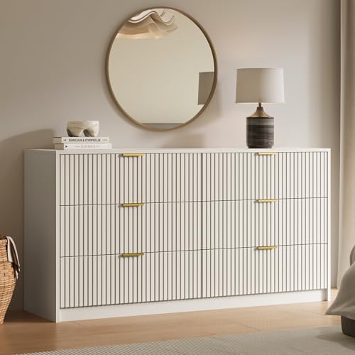 6-Drawer Fluted Wood Dresser, 55-inch Wide Modern Storage Chest in Beige
