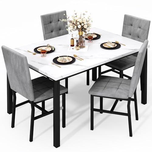 Faux Marble Dining Table Set for 4 with Velvet Upholstered Chairs
