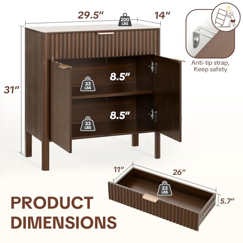 31" Fluted Buffet Cabinet, Walnut Sideboard with Drawer and Doors