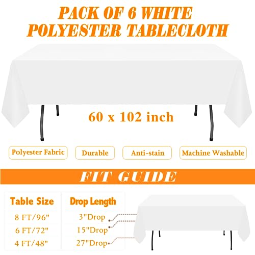 6-Pack Rectangle Tablecloths 60x102 Inch for 6ft Tables, White Polyester