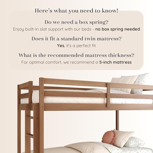 Twin Over Twin Bunk Bed with Guardrails and Reversible Ladder, Oak