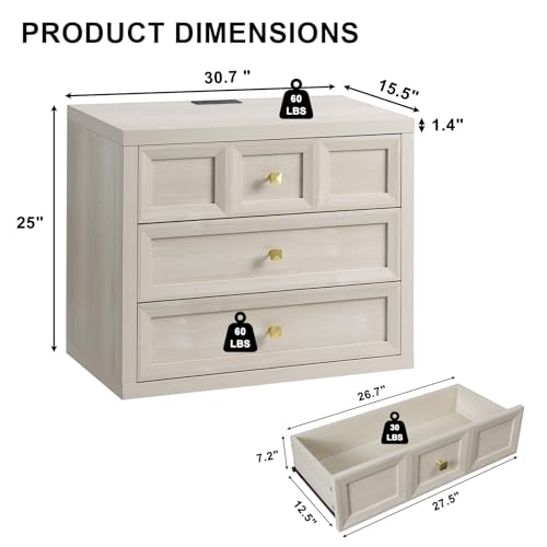 NOWABAY 3-Piece Grey White Dresser Bedroom Set with 6-Drawer Dresser & 2 Nightstands, Farmhouse Style, with Charging Station