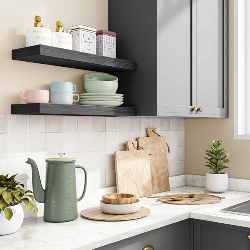 Black Floating Wall Shelves - Set of 2, 15.7 Inch Wood Storage Display Shelves