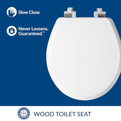 Slow Close Round Toilet Seat with Chrome Hinges, Enameled Wood, White