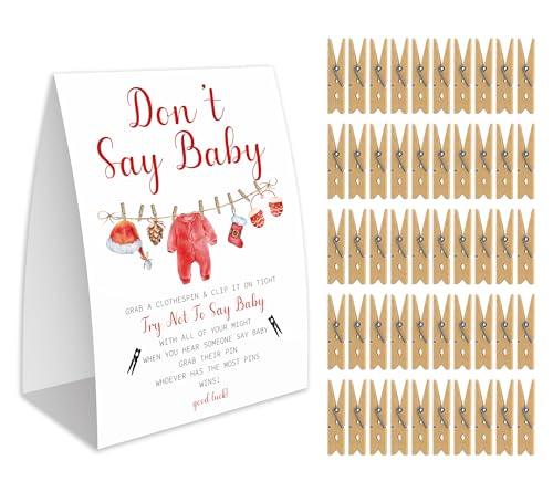 Christmas Baby Shower Game Kit with 50 Clothespins & Sign - Don't Say Baby