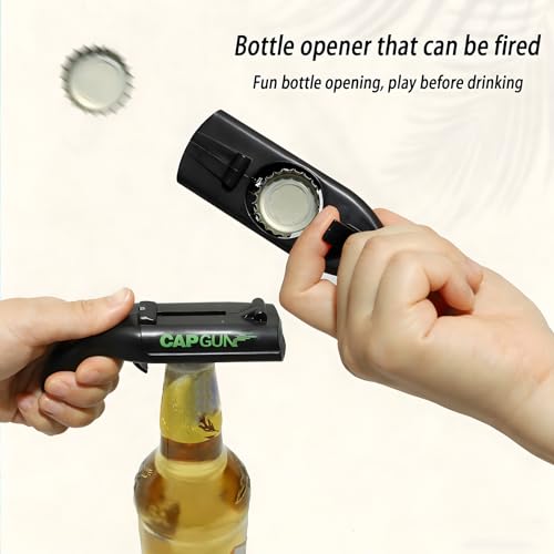 Evernew Living 4-Pack Black Cap Gun Bottle Opener with Cap Launcher - Novelty Beer Accessory