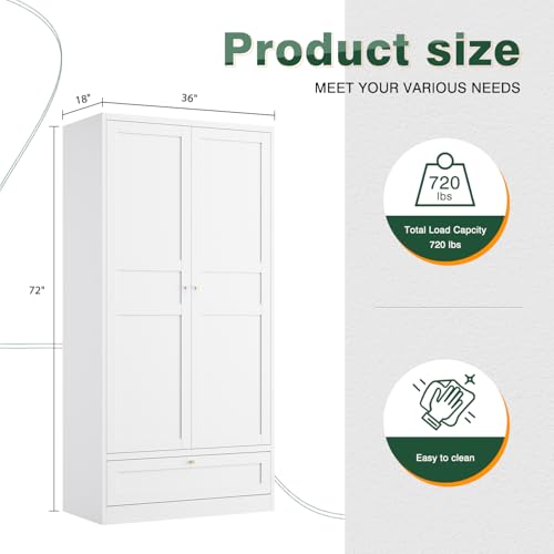72-inch Metal Wardrobe Closet with Drawer, Adjustable Shelves and Hanging Rod