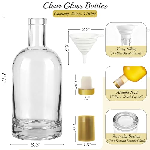Clear Glass Bottles with T-Top Cork Stoppers 4 Pack 750ml