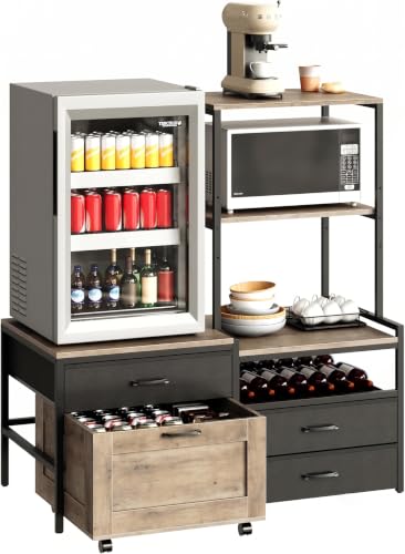 Mini Fridge Stand with Wine Rack and Storage Drawers, Kitchen Baker's Rack