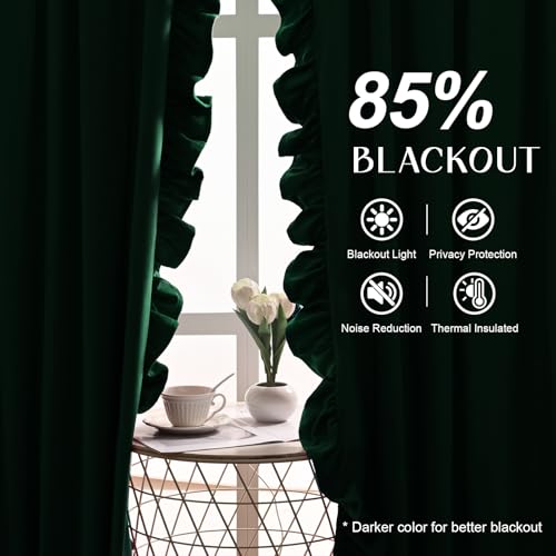 Likiyol Green Velvet Curtains for Living Room 84 Inch Pack of 2 Blackout Ruffle Drapes with Tiebacks, Thermal Insulated Window Panel Darkening Curtains 52" W x 84" L