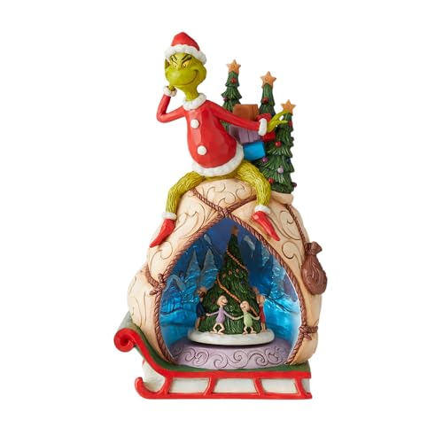 Animated Grinch Figurine with Rotating Scene and LED Lights - 11.5 Inch Collectible Christmas Decor