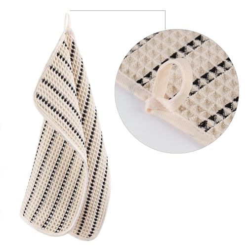 POLYTE 430 GSM Microfiber Waffle Wash Cloth Face Towel - Light Beige/Black, 13x13 in