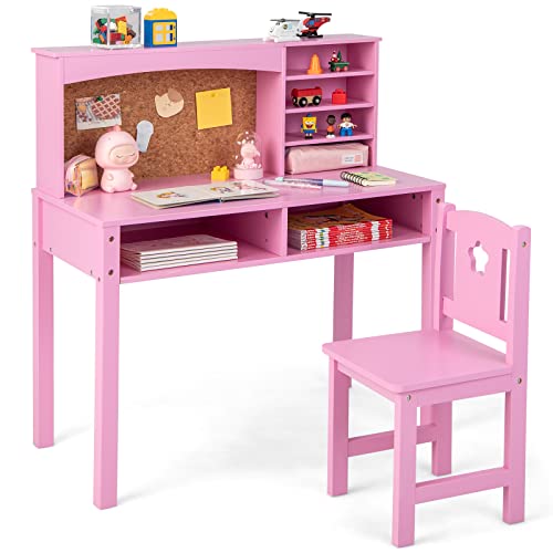 Kids Study Desk and Chair Set with Storage Hutch and Bulletin Board - Pink