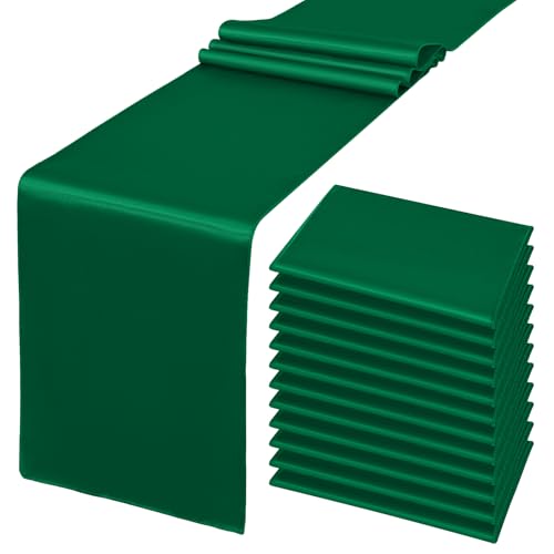 Pesonlook 12 Pack Forest Green Satin Table Runners 12 x 108 Inch - Reusable
