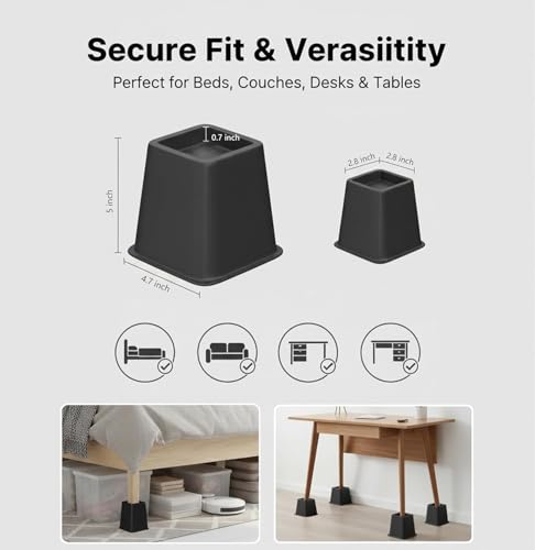 Heavy Duty Bed & Furniture Risers 4 Inch - Non-Slip Stackable Lifts (Set of 4)