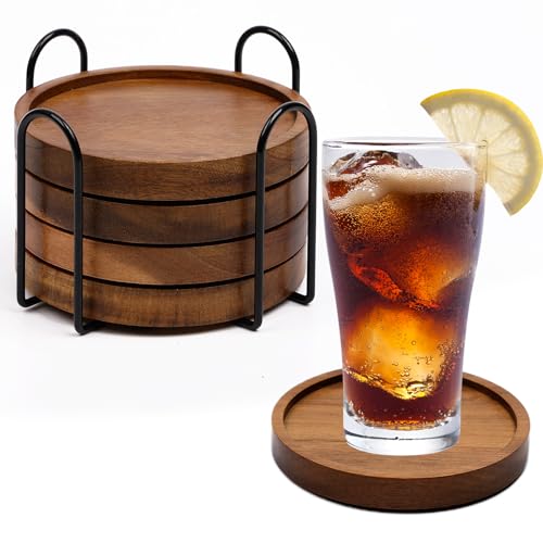 Absorbent Wood Coaster Set with Holder - 4 Piece Drink Coasters