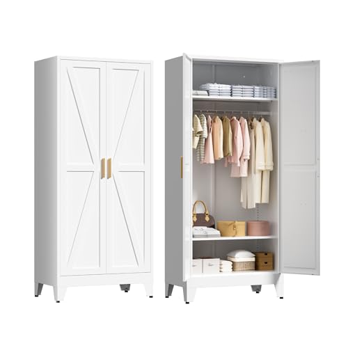 71-Inch Metal Wardrobe Closet with Adjustable Shelves and Hanging Rod
