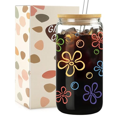 Mikopei 16oz Glass Cups with Lids & Reusable Straws, Beach Gift for Women & Men