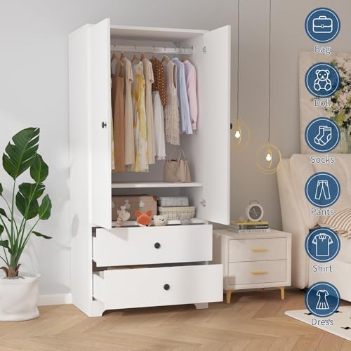 71-Inch Wooden Wardrobe Armoire with 2 Drawers and Adjustable Shelves