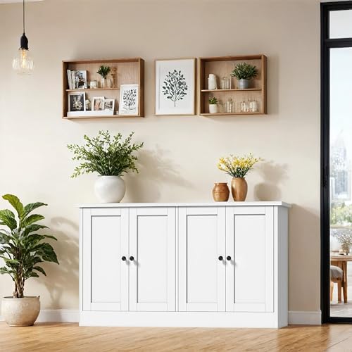 49-Inch White Buffet Cabinet with 4 Doors and Adjustable Shelves