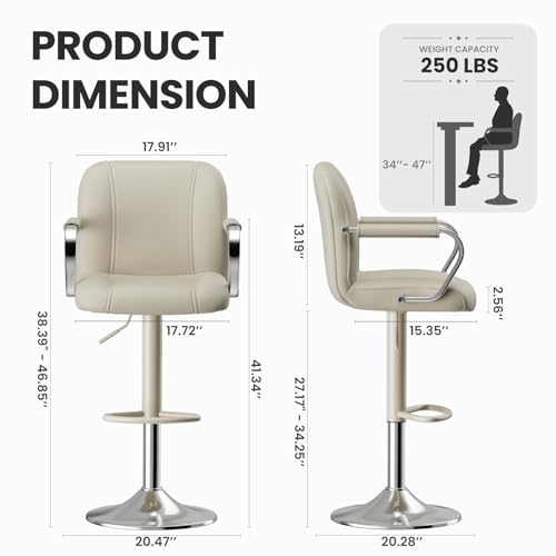 Set of 2 Beige Adjustable Swivel Bar Stools with Backs and Armrests