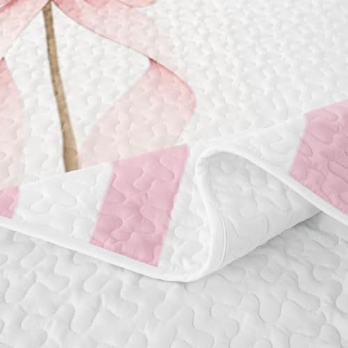 Pink Bow Floral Quilt Set - Twin Size Lightweight Bedspread for All Seasons
