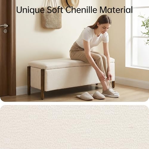 47-Inch Upholstered Storage Ottoman Bench, Beige Fabric Bedroom Entryway Bench