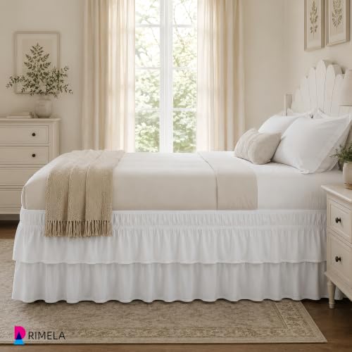 White Full Size Elastic Wrap Around Bed Skirt - 14 Inch Drop Double Ruffle