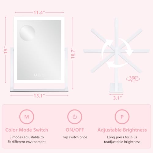 White 16.7x13.2 Inch Lighted Vanity Mirror with 3 Lighting Modes & Dimmable Touch Control