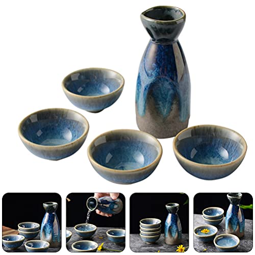 Japanese Ceramic Sake Set with Bottle and 4 Cups - Traditional Tokkuri & Ochoko