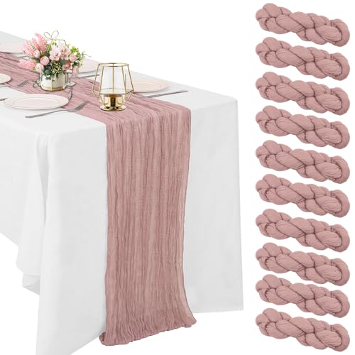 10 Pack Dusty Pink Cheesecloth Table Runners, 10ft Boho Gauze Table Decor