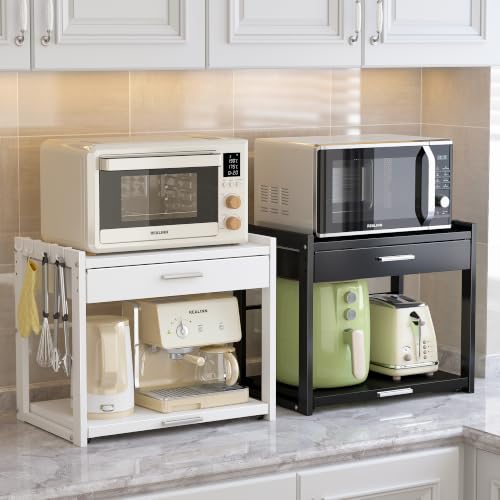 REALINN Microwave Stand with Pull-Out Drawer & Adjustable Shelf, 4 Hooks