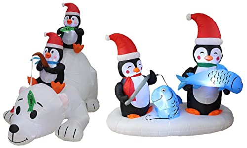 6ft Christmas Inflatable Penguins Fishing on Polar Bear & Lighted Penguin Yard Decor